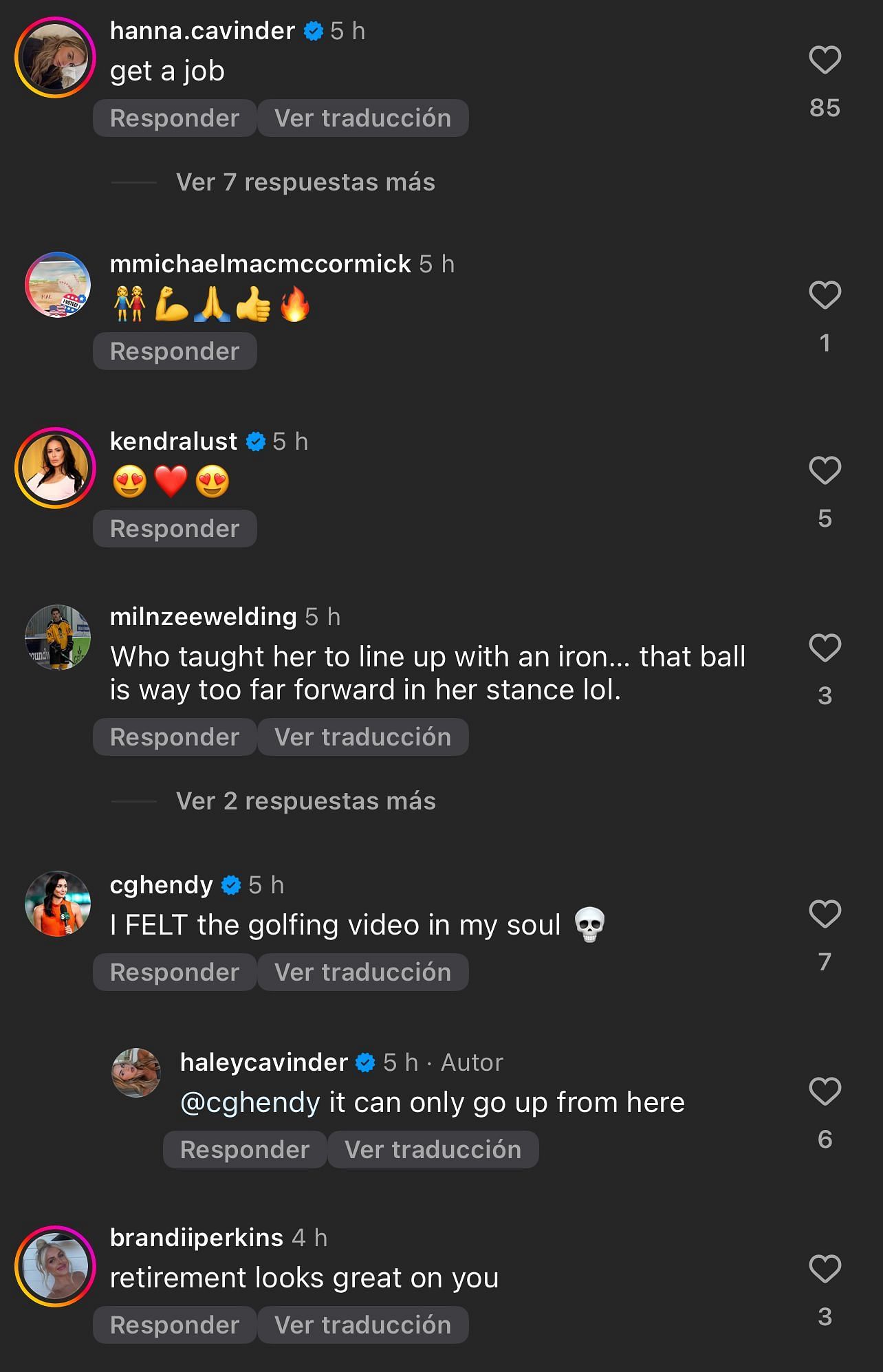 Hanna Cavinder and others reacted to Haley's retirement life post. - Source: Instagram/@haleycavinder